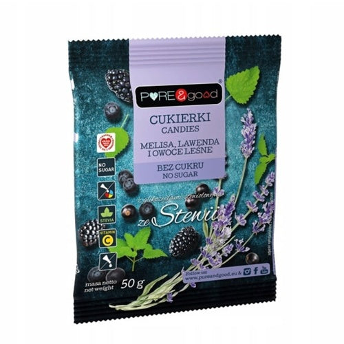 Bomboane cu roinita, lavanda si fructe de padure, fara zahar adaugat, Pure&goood 50g